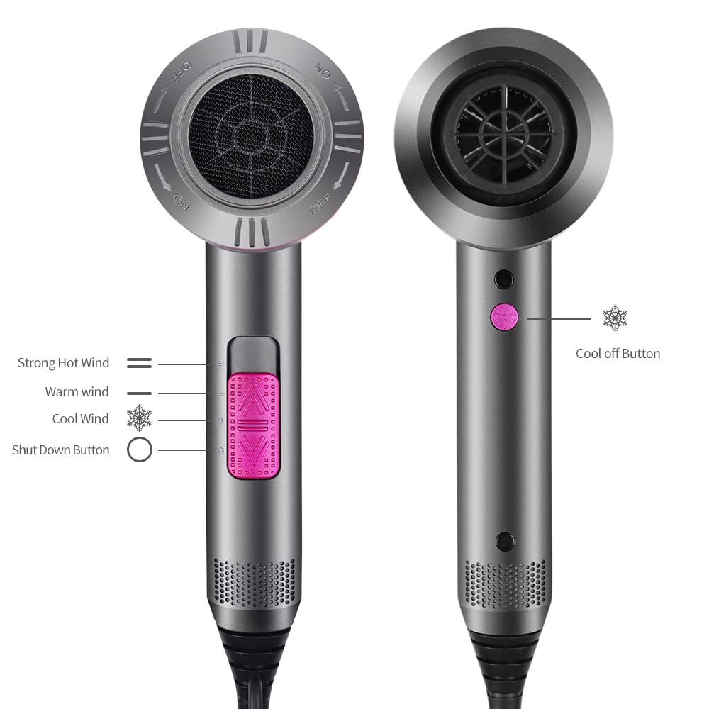 Asciugacapelli agli ioni professionale, con motore AC, ad asciugatura rapida, con 2 velocità e 3 impostazioni del calore, pulsante per aria fredda, 1 diffusore e 2 concentratori, grigio