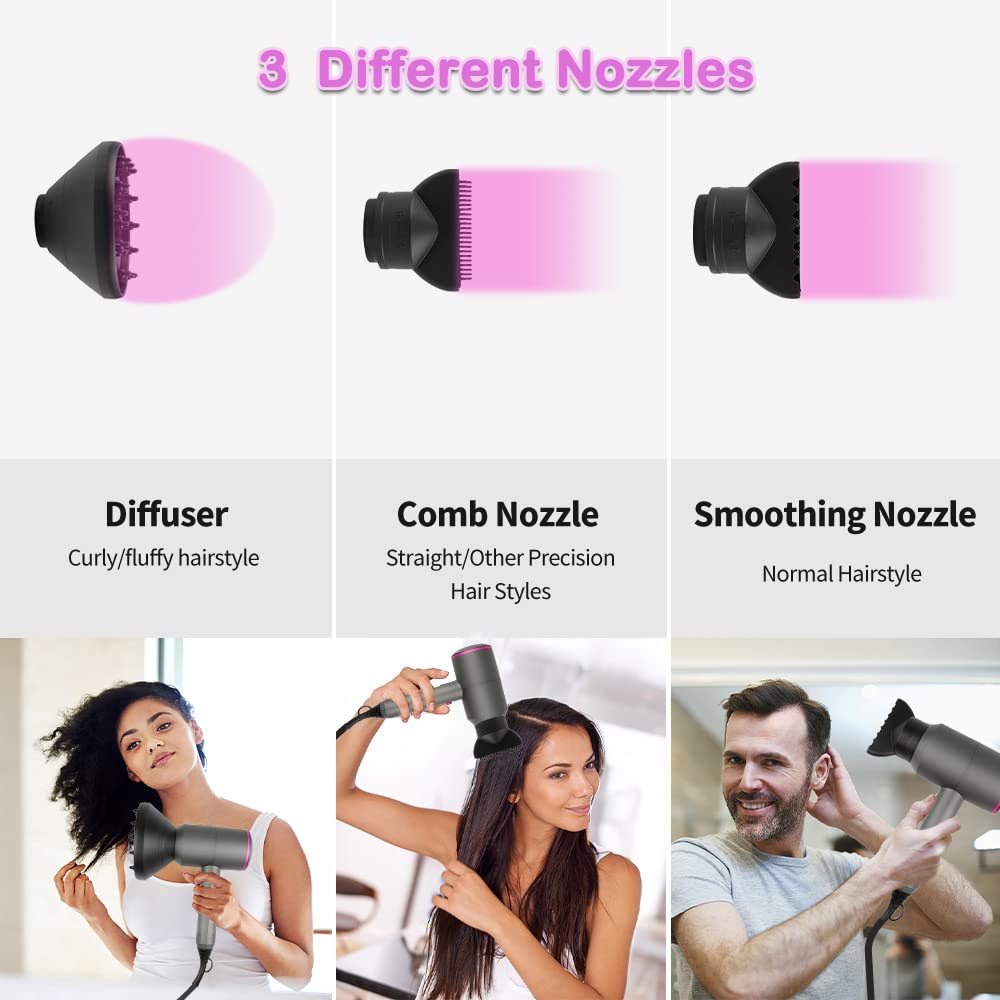 Asciugacapelli agli ioni professionale, con motore AC, ad asciugatura rapida, con 2 velocità e 3 impostazioni del calore, pulsante per aria fredda, 1 diffusore e 2 concentratori, grigio