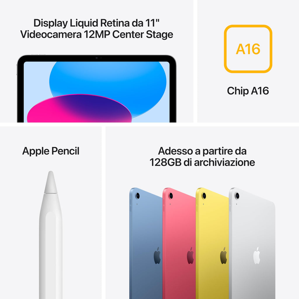 Apple iPad con chip A16: display Liquid Retina da 11'', 128 GB, Wi Fi 6, fotocamera frontale e posteriore da 12MP, Touch ID, autonomia di un giorno intero di batteria — Argento