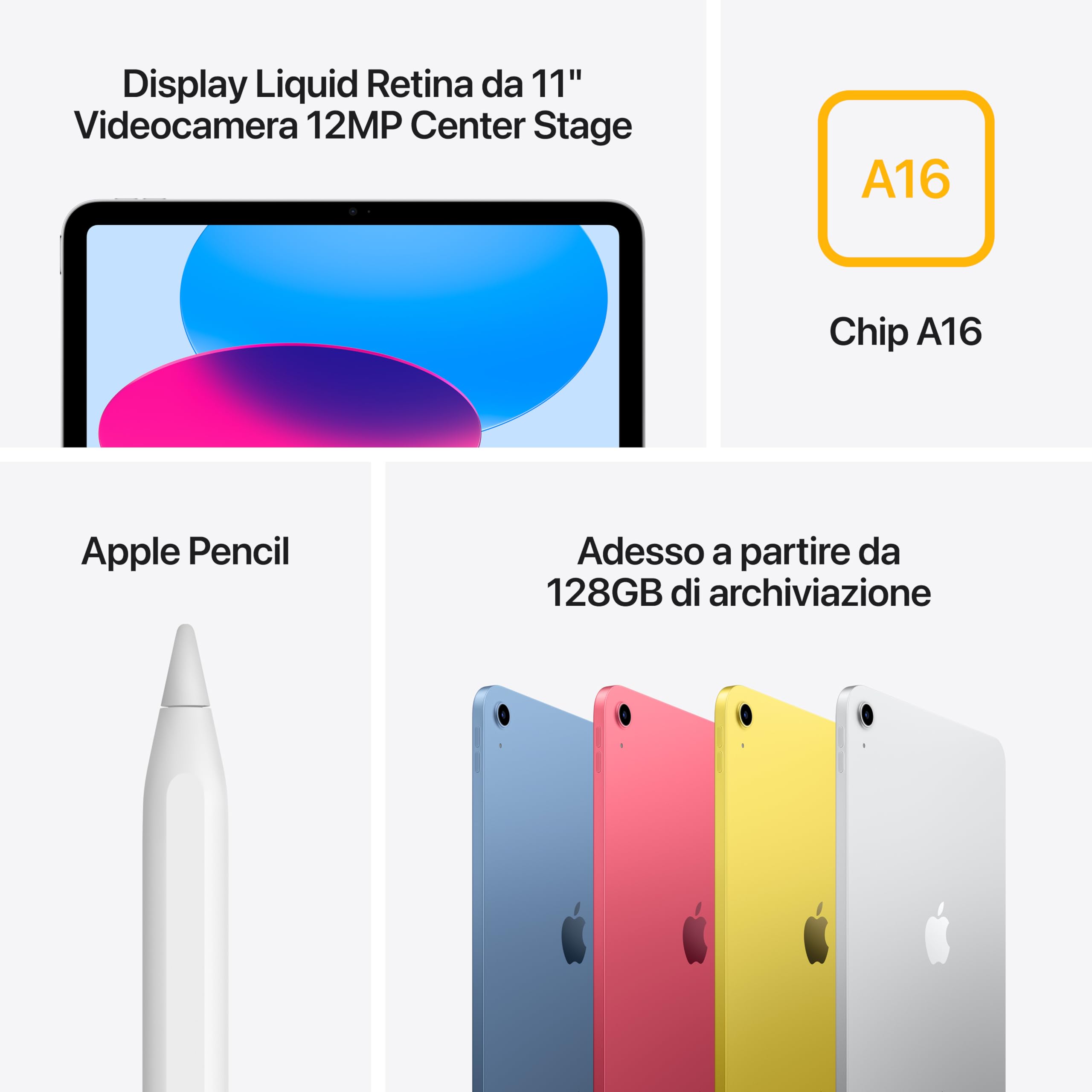 Apple iPad con chip A16: display Liquid Retina da 11'', 128 GB, Wi Fi 6, fotocamera frontale e posteriore da 12MP, Touch ID, autonomia di un giorno intero di batteria — Argento
