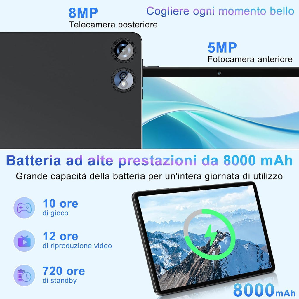 2026 Tablet 10 Pollici Android con Octa-Core 2.0 GHz, 22GB RAM + 128GB ROM (TF/2TB), Widevine L1, 5G WiFi 6, Bluetooth 5.0, 1280 * 800 FHD IPS, 8000mAh, GMS, Newest Tablet con Tastiera e Mouse - Nero