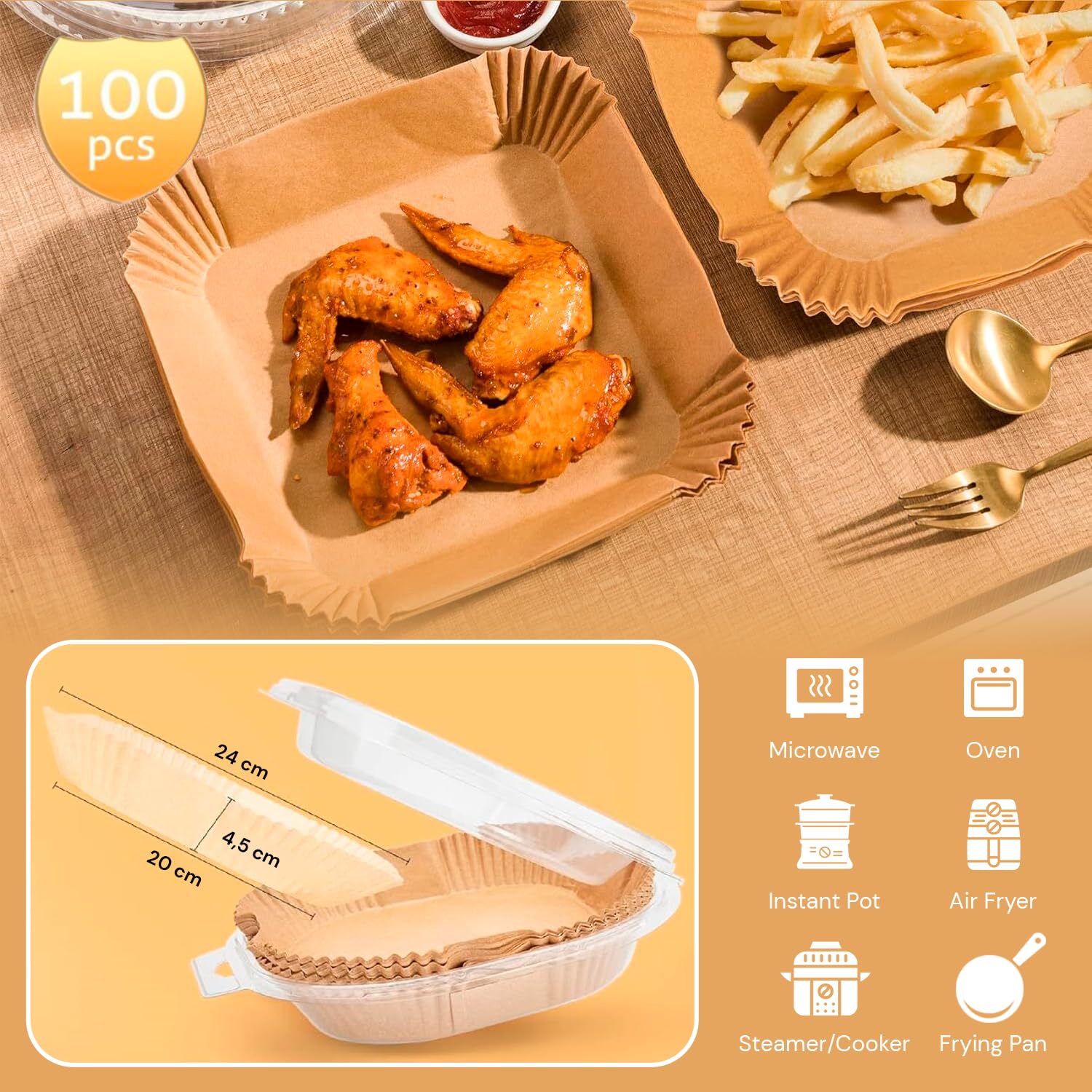 edihome, Carta Forno per Friggitrice ad Aria, BPA Free, Monouso, Adatto al Forno, da 5 a 8 litri (Quadrata, 20-24 cm)