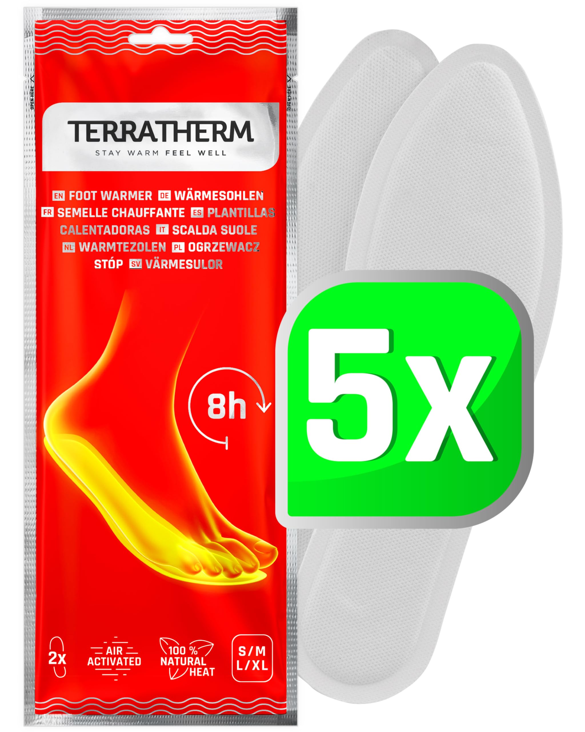 Terratherm Solette riscaldanti - attivato dall’aria - per 8 ore die calore per i piedi - 5, 10 o 30 paia - scaldapiedi per scarpe - suole riscaldanti con 100% calora naturale - 5 paia