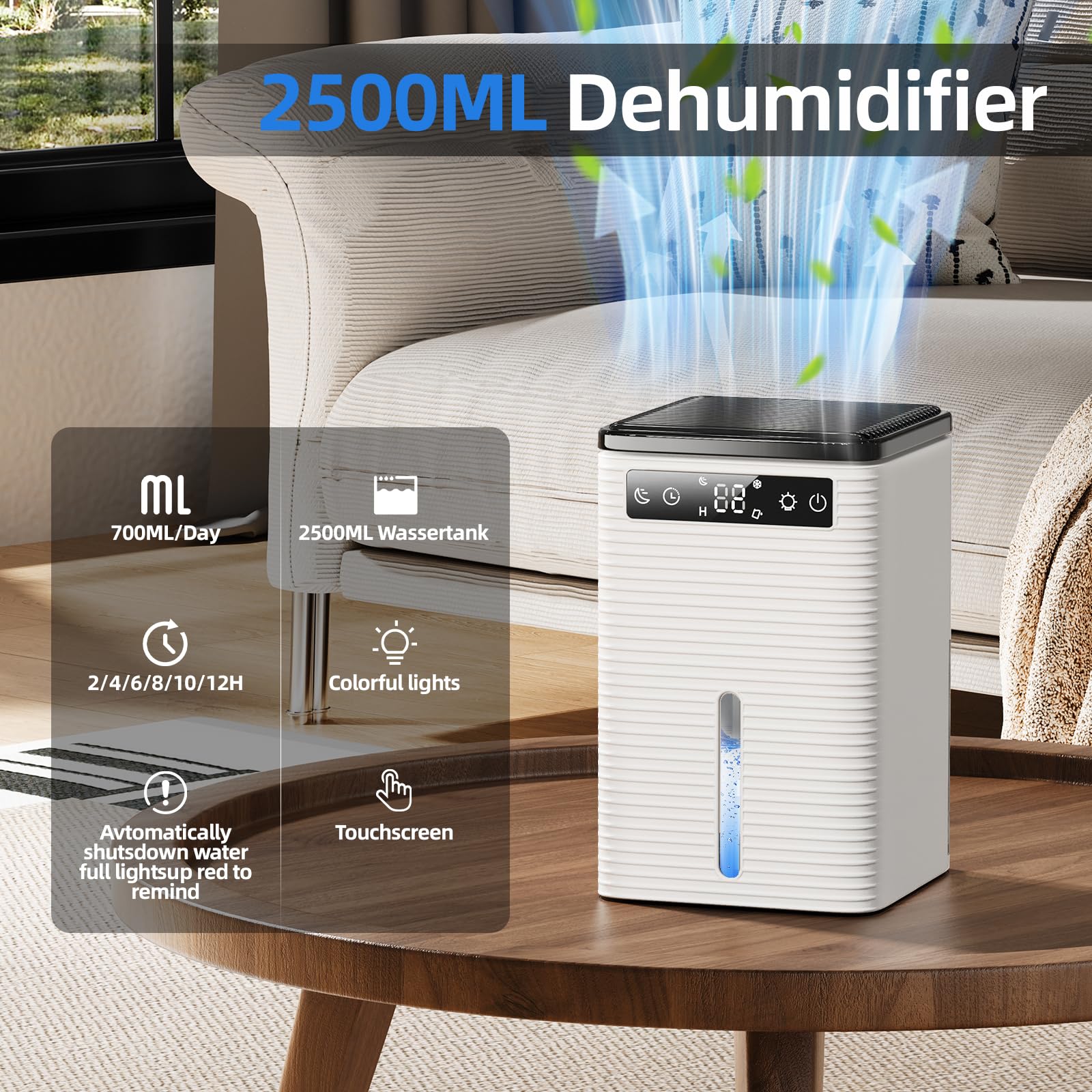 Deumidificatore Casa Muffa, 2500ML, 30dB Ultra Silenzioso, Deumidificatore Portatile per Casa, Ufficio, Bagno, Armadio, Spegnimento Automatico, Timer 2-12 Ore, Dehumidifier con Luce LED, 700ml/24H