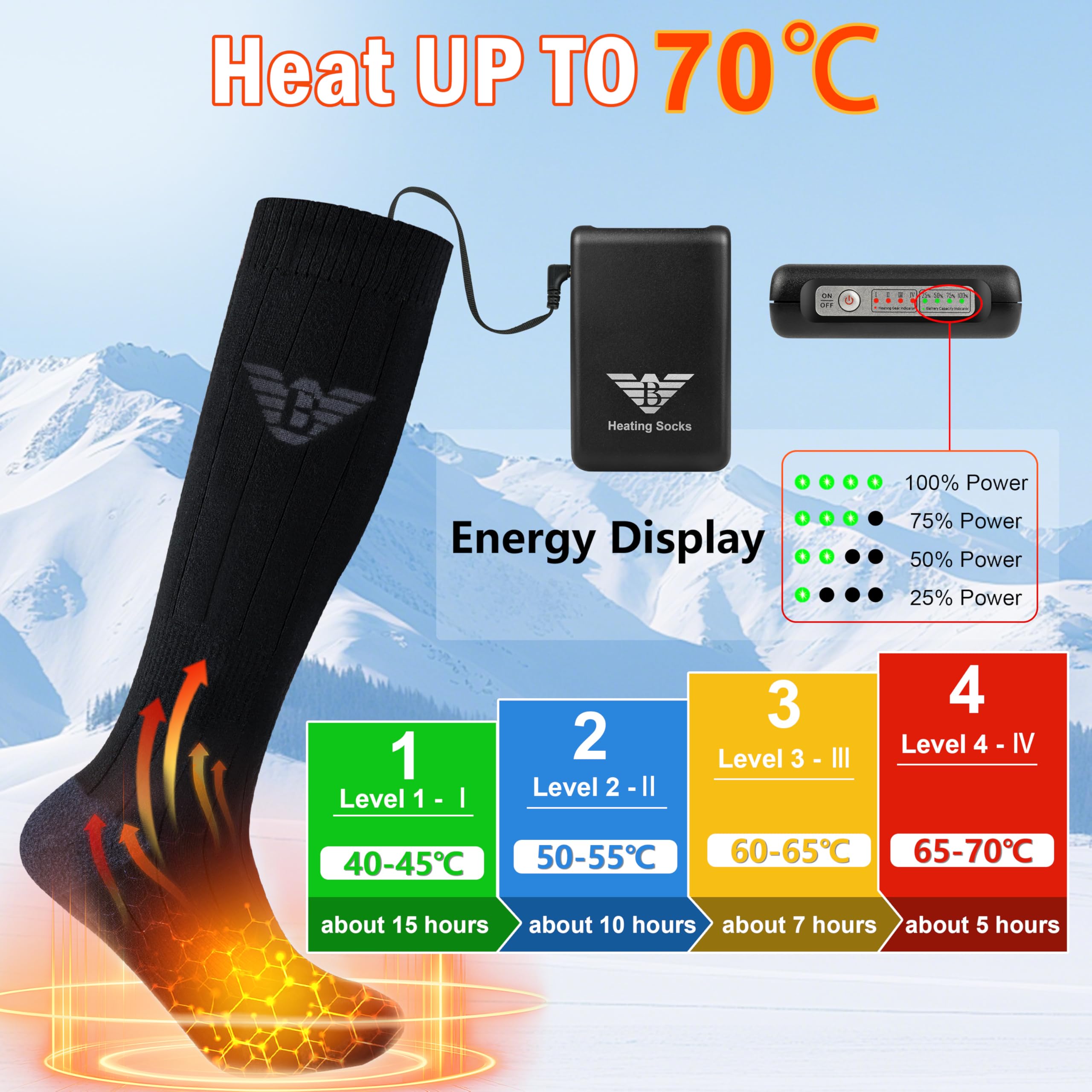 Calze Riscaldate Uomo Donna - 7.4V 3000mAh Calzini Riscaldati a Batteria, Controllo delle APP Calzini Riscaldanti per Inverno All'aperto